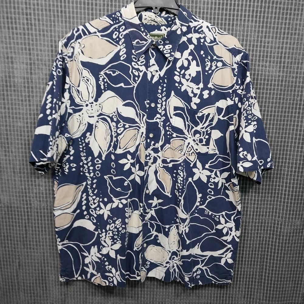 Eddie Bauer Mens Button Down Shirt Tropical‎ Floral Ripstop XXL Tall Blue Cotton